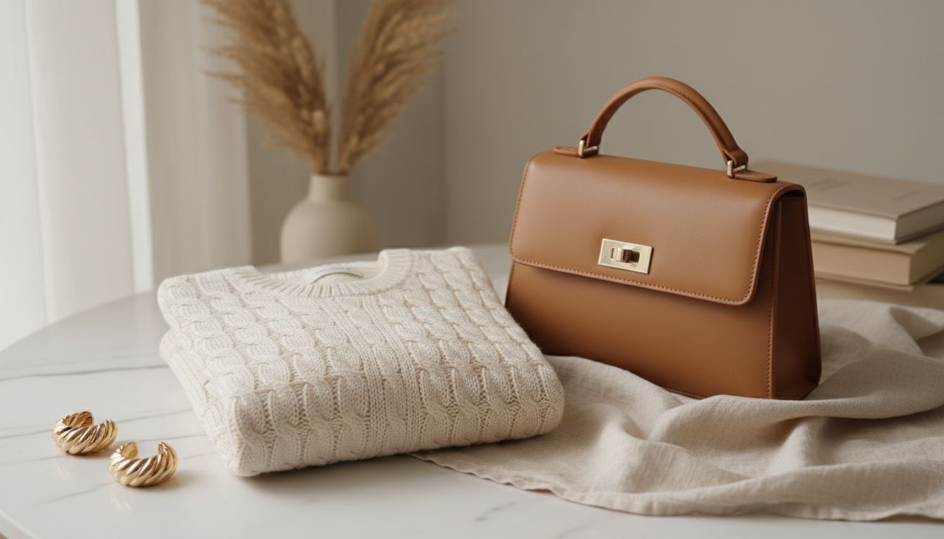Натюрморт с аккуратно сложенным жакетом из косичкового трикотажа и аксессуарами: структурированной сумкой и массивными золотыми серьгами.