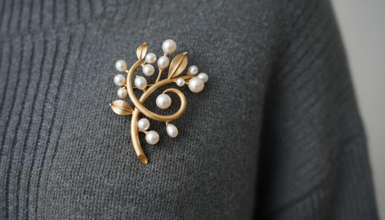 Крупный план броши в виде стилизованной ветви, выполненной из матового золота и жемчуга, закрепленной на сером кашемировом свитере оверсайз.