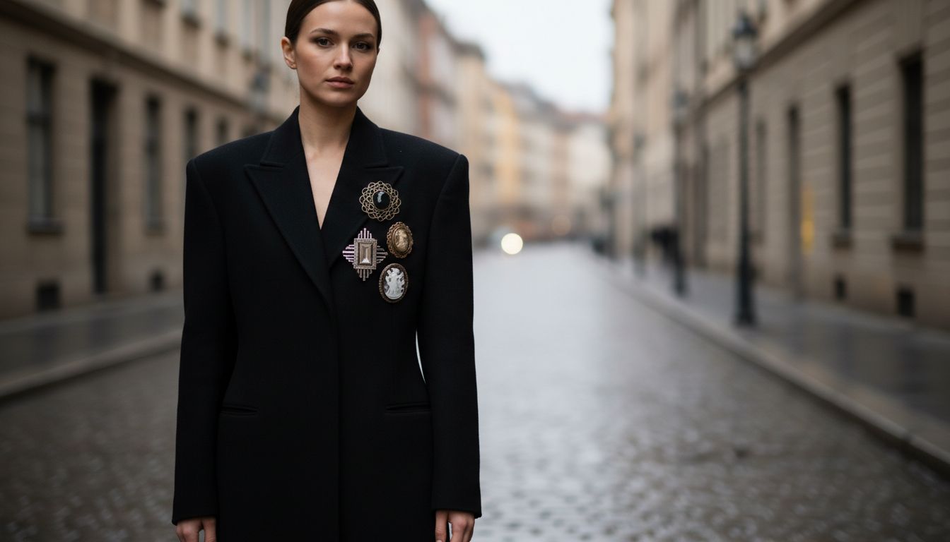 Девушка в длинном черном пальто с гипертрофированными плечами, на одном лацкане закреплена группа из двух-трех винтажных брошей разного размера, создающих эффект кластера.
