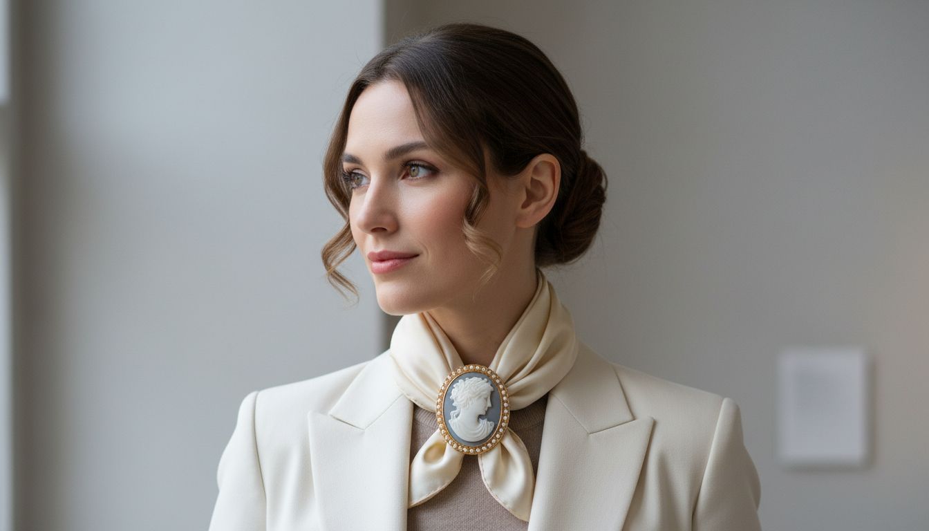 Женщина с элегантной прической, на шее которой повязан шелковый платок, зафиксированный крупной брошью в виде камеи.