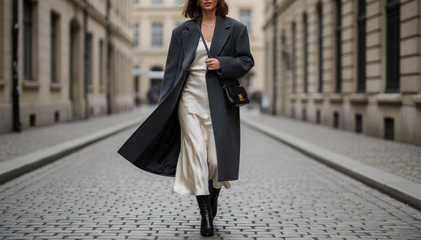 Модный образ, где женщина в длинном шерстяном пальто с широкими плечами и тонкой, летящей юбке-миди из шелка, демонстрирующий контраст объемов.