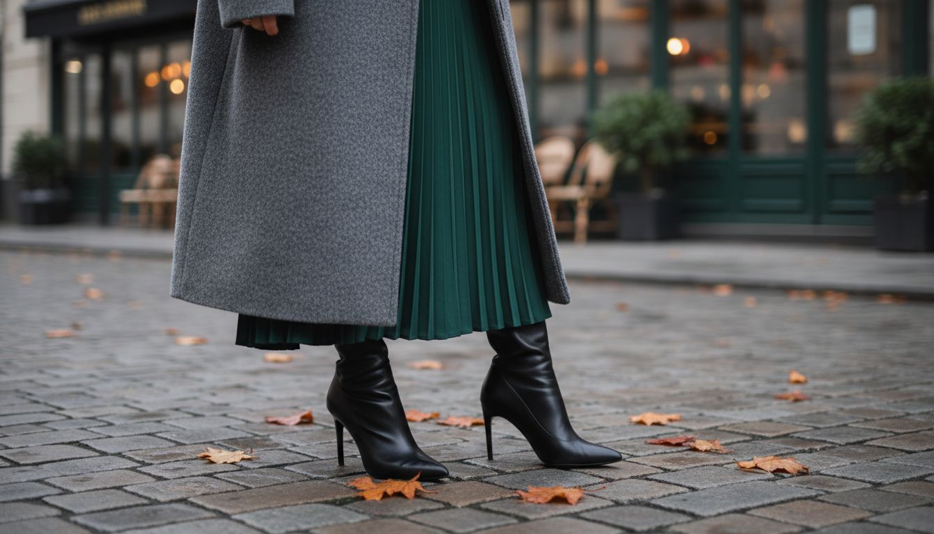 Крупный план на обувь (тонкие ботильоны на шпильке или ботфорты), выглядывающую из-под подола юбки-миди, в сочетании с тяжелым пальто.
