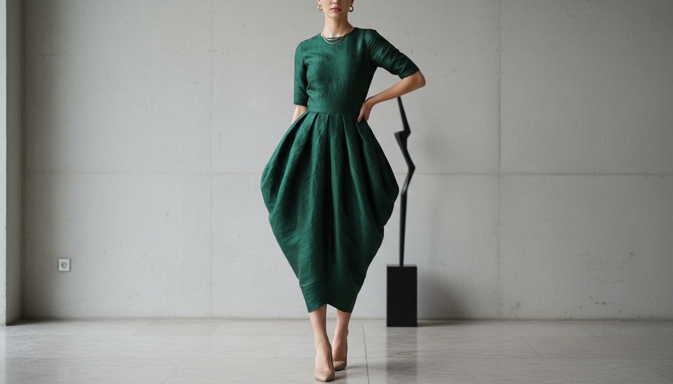 Платье-кокон из темно-зеленого шелка-дюпиона с выраженными складками, создающими объем в районе бедер и сужающимися к коленям.