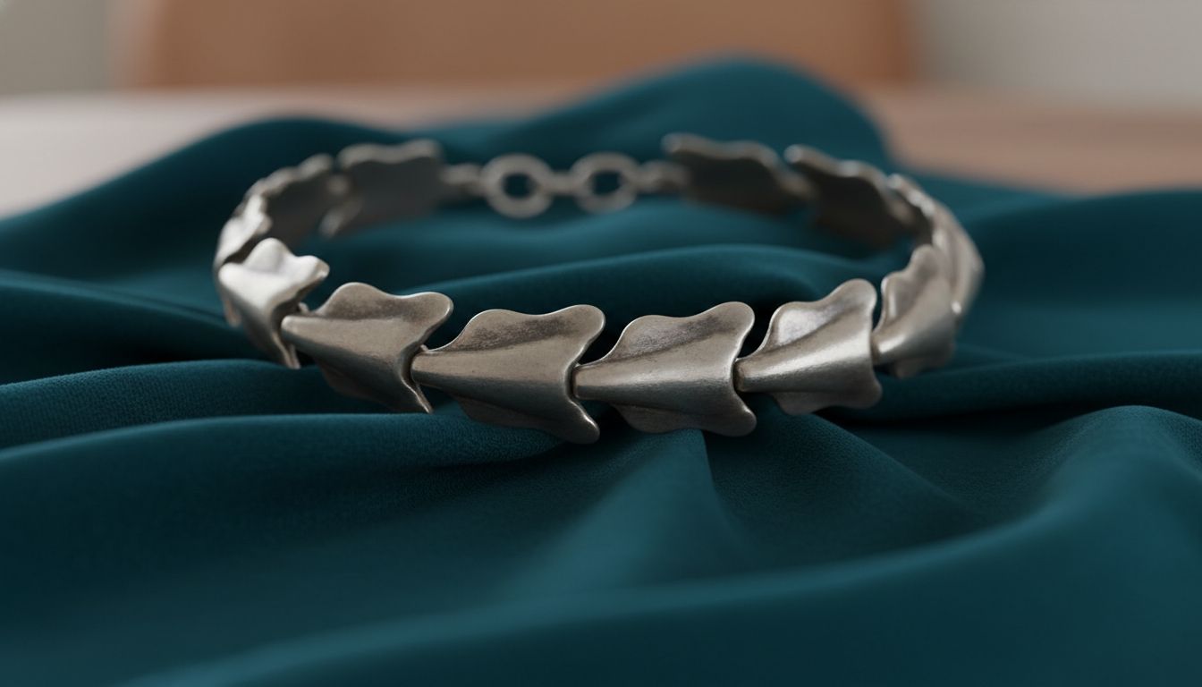 Массивное колье-чокер из матового, слегка состаренного серебра, лежащее на ткани цвета Deep Peacock Teal.