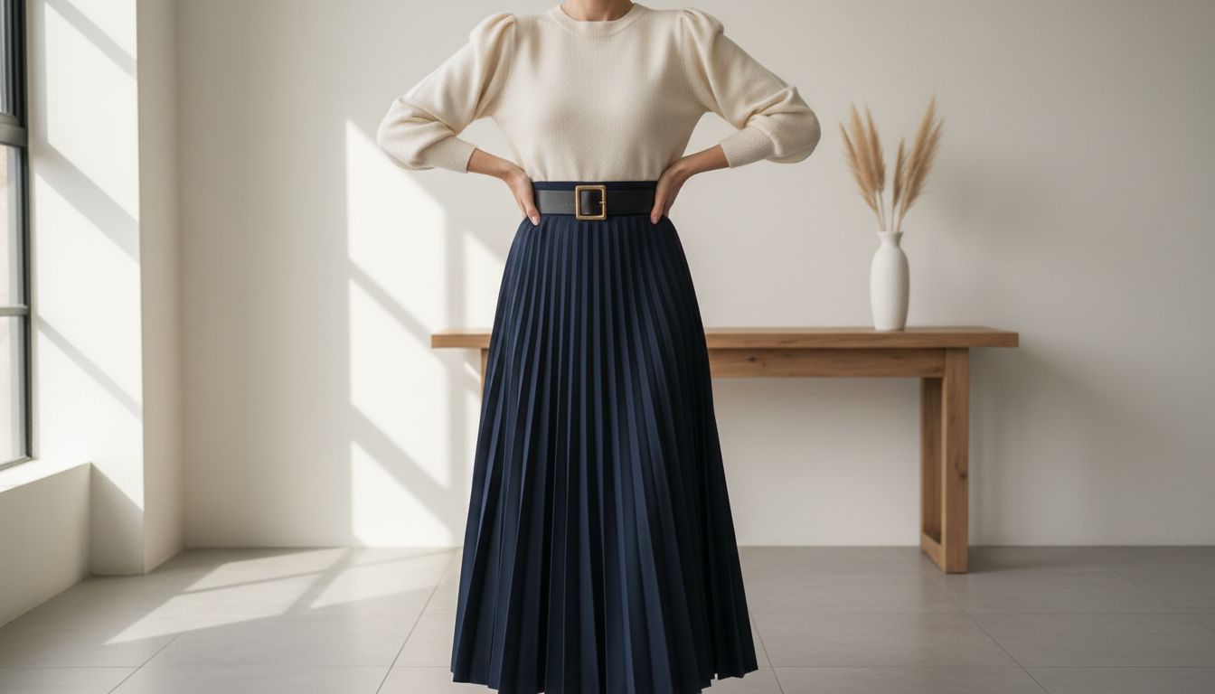 Стилизованный образ: укороченный светло-бежевый кашемировый свитер с объемным рукавом, зафиксированный над жестким поясом темно-синей плиссированной юбки-макси.