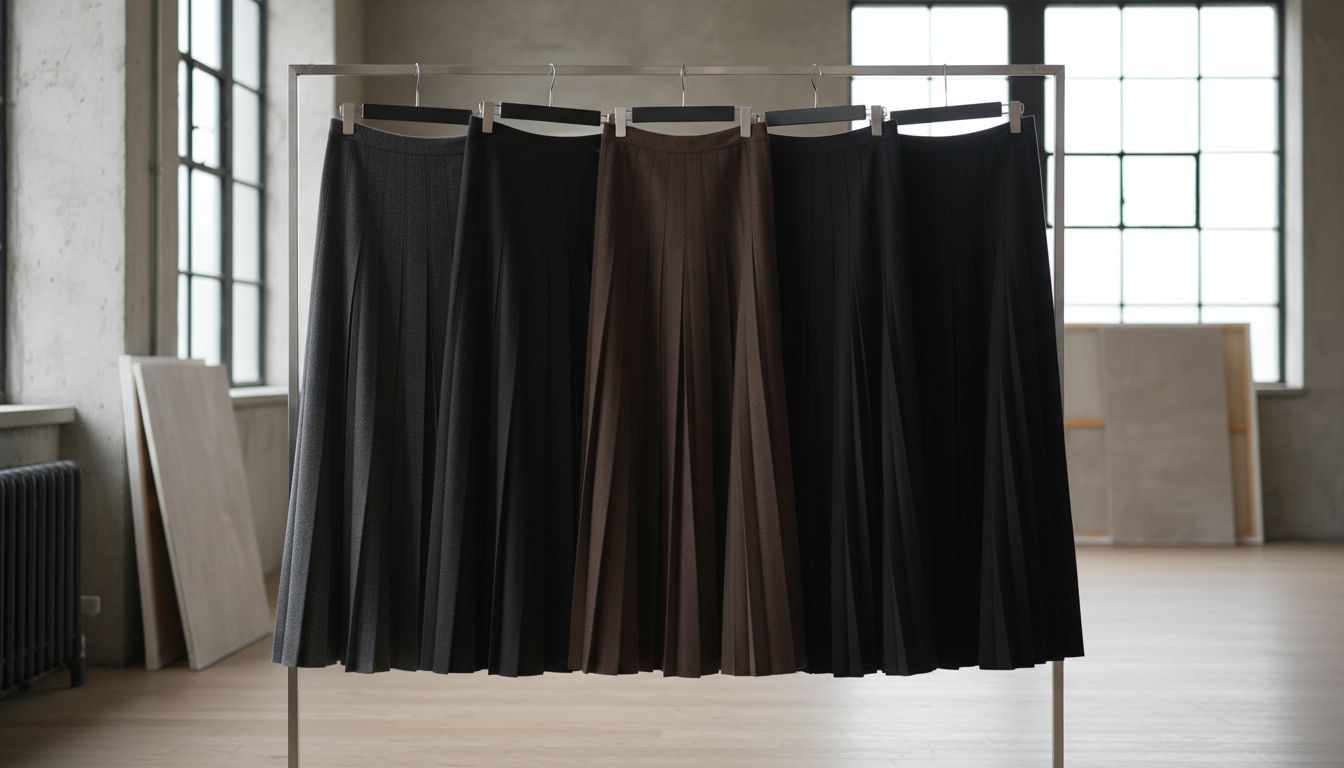 Ряд плиссированных макси-юбок из плотной шерсти разных темных оттенков (антрацит, горький шоколад, черный), висящих в студии.
