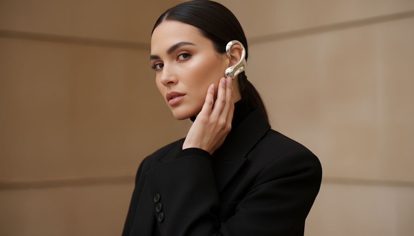 Женщина в строгом черном блейзере и водолазке, демонстрирующая асимметричное ношение каффы-армор - на одном ухе массивный элемент, на другом - ничего.