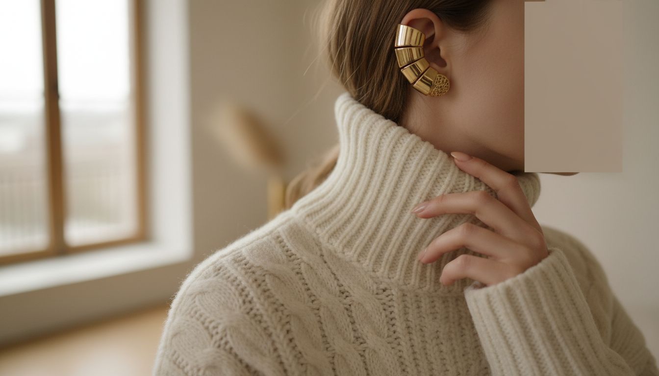 Модель в объемном свитере крупной вязки с высоким воротом, демонстрирующая, как каффа-армор из золота балансирует мягкую текстуру трикотажа.