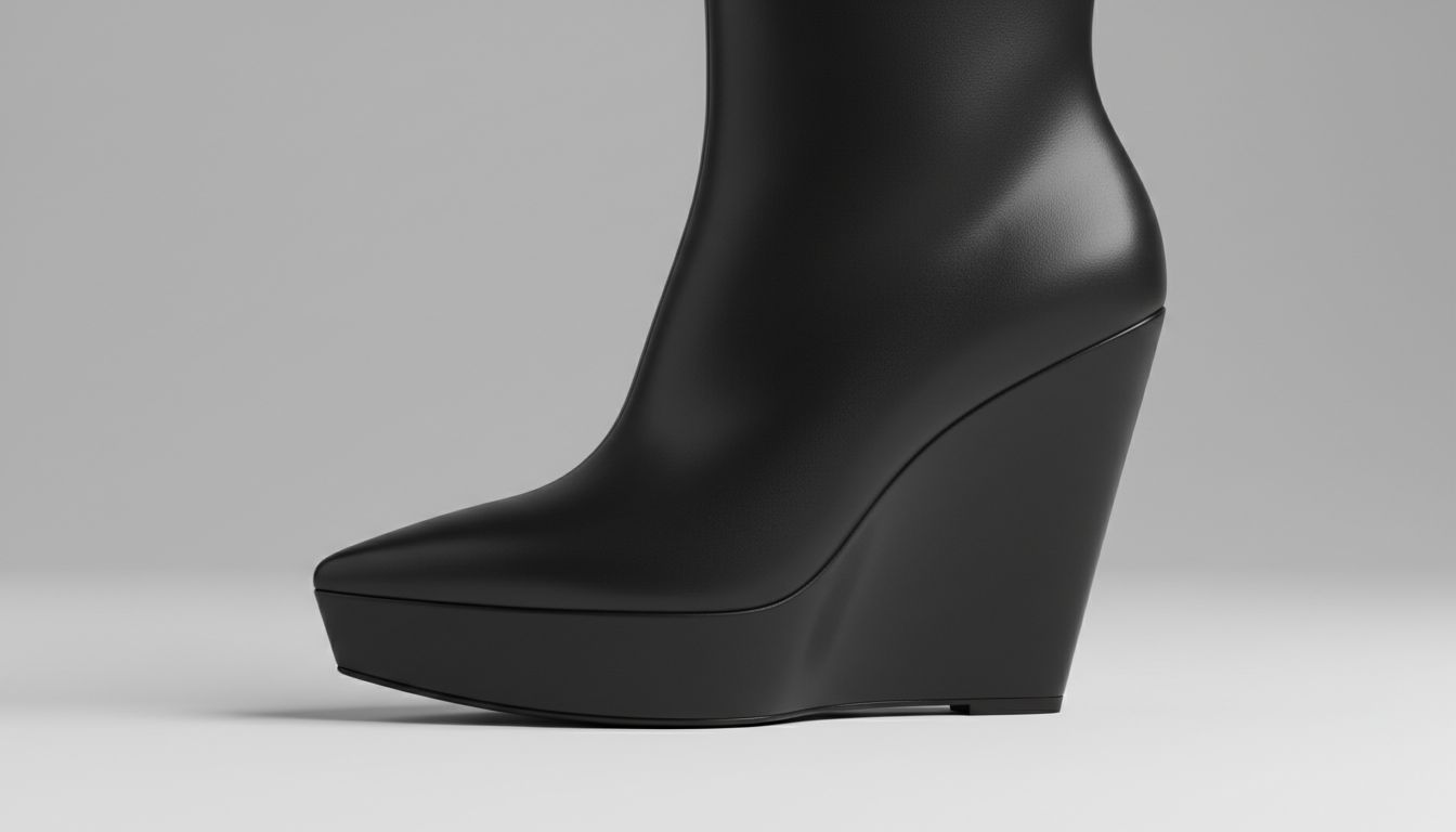 Крупный план скульптурного сапога на сплошной танкетке из черной матовой кожи с острым или слегка закругленным носком.