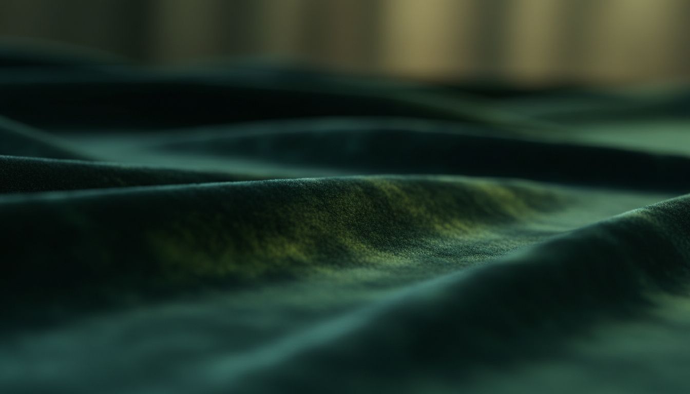 Крупный план бархата Deep Forest Emerald, демонстрирующий игру света на ворсе и скрытый зеленый оттенок.
