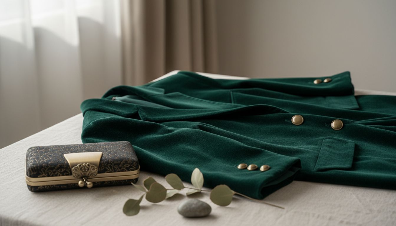 Бархатный брючный костюм оттенка Deep Forest Emerald с матовыми латунными пуговицами, рядом с которым лежит клатч с винтажным замком.