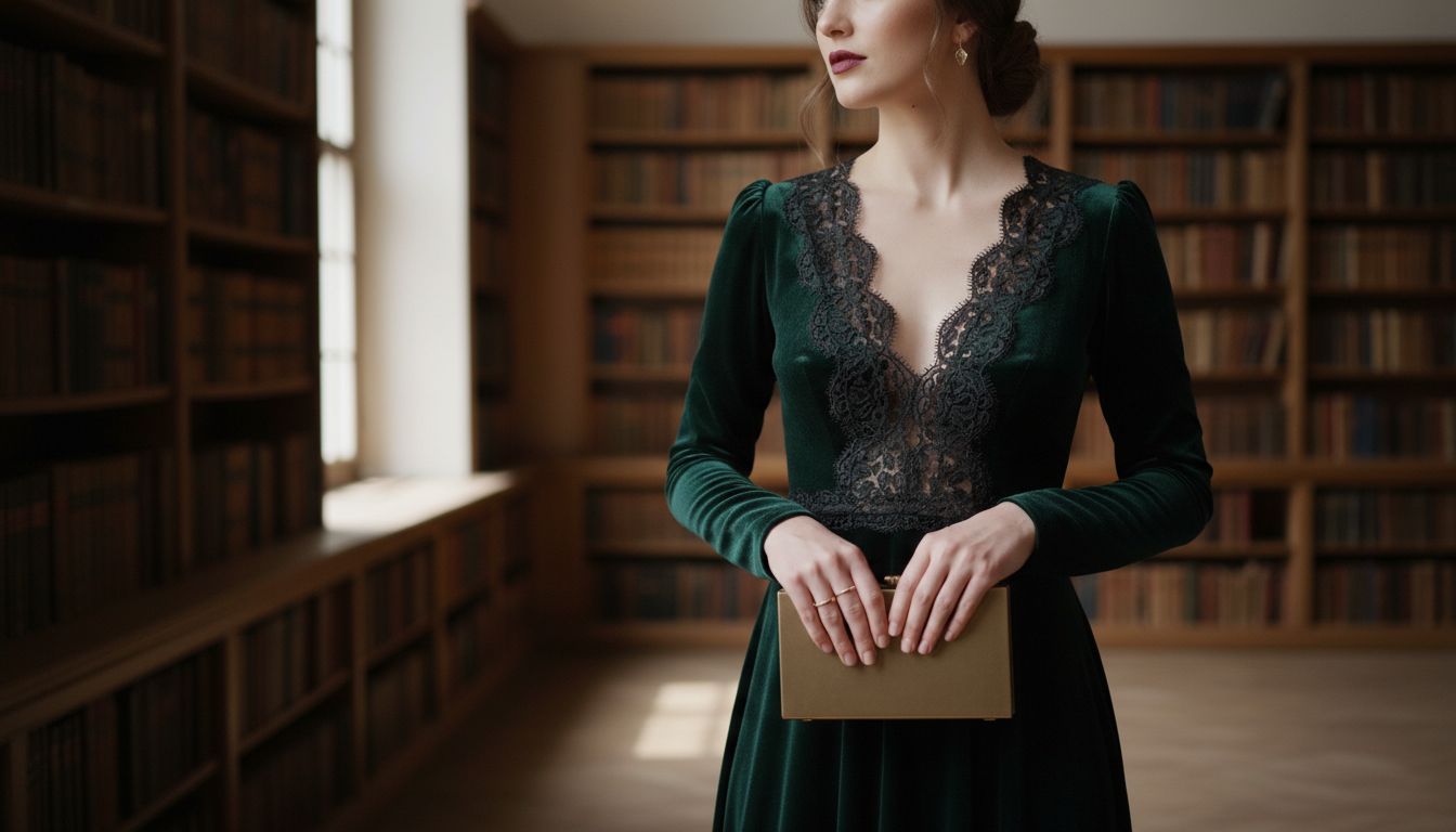 Женщина в бархатном платье Deep Forest Emerald с акцентом на черное кружево на лифе, держит в руках матовую латунную сумочку-минодьер.