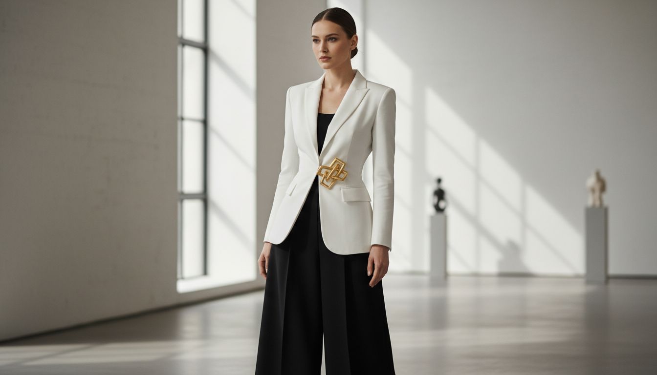 Образ в монохромных кюлотах, с крупной золотой брошью на лацкане приталенного блейзера, подчеркивающей талию.