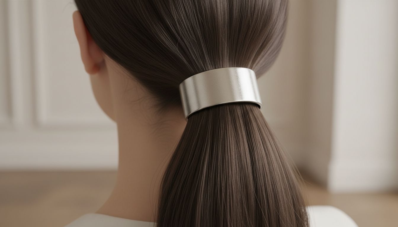 Крупный план манжеты в форме цилиндра из матового хрома, зафиксированной на гладком низком хвосте.