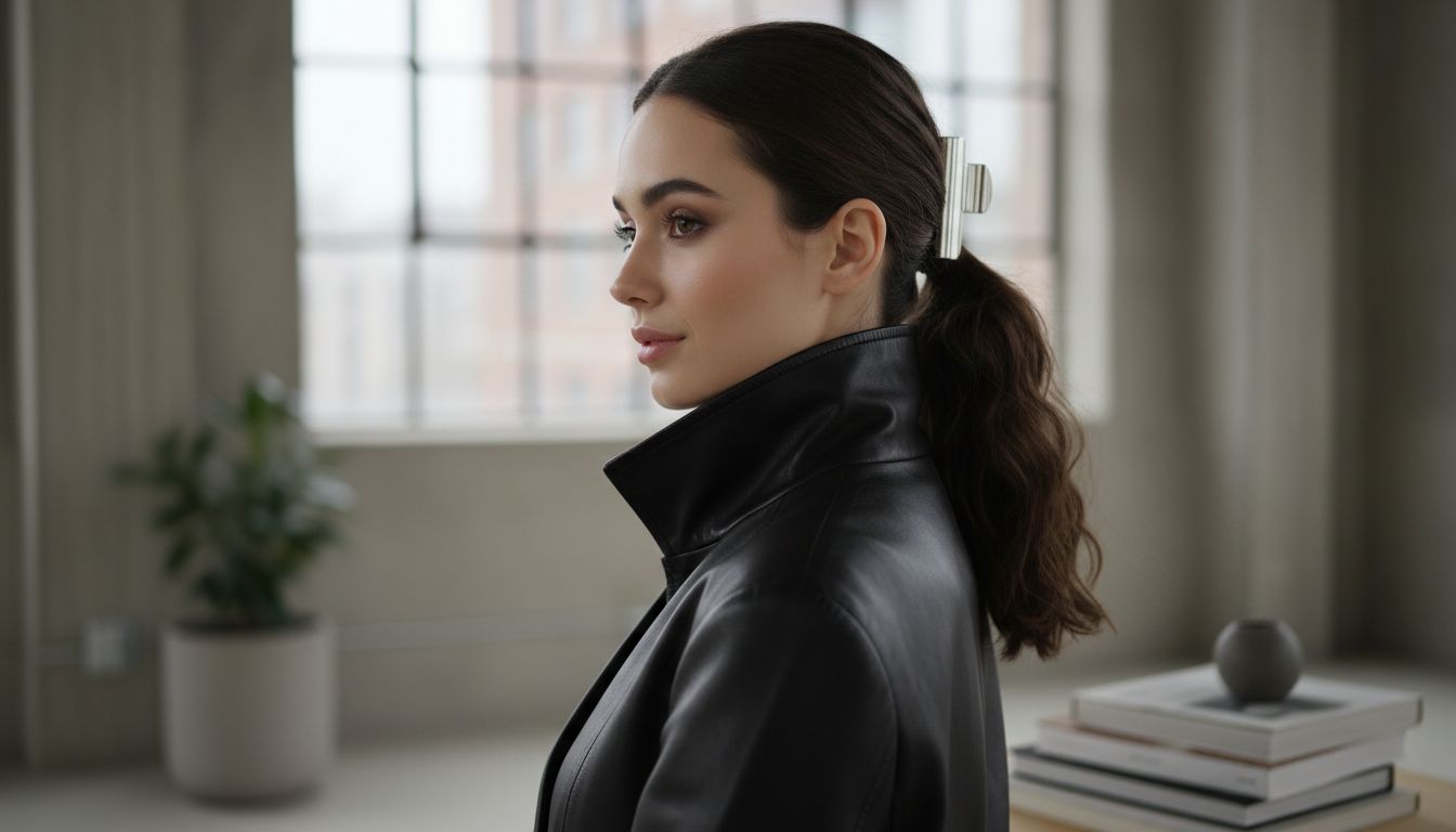 Девушка в кожаной куртке с высоким воротником, волосы собраны в полухвост, зафиксированный тонкой металлической пластиной-манжетой.