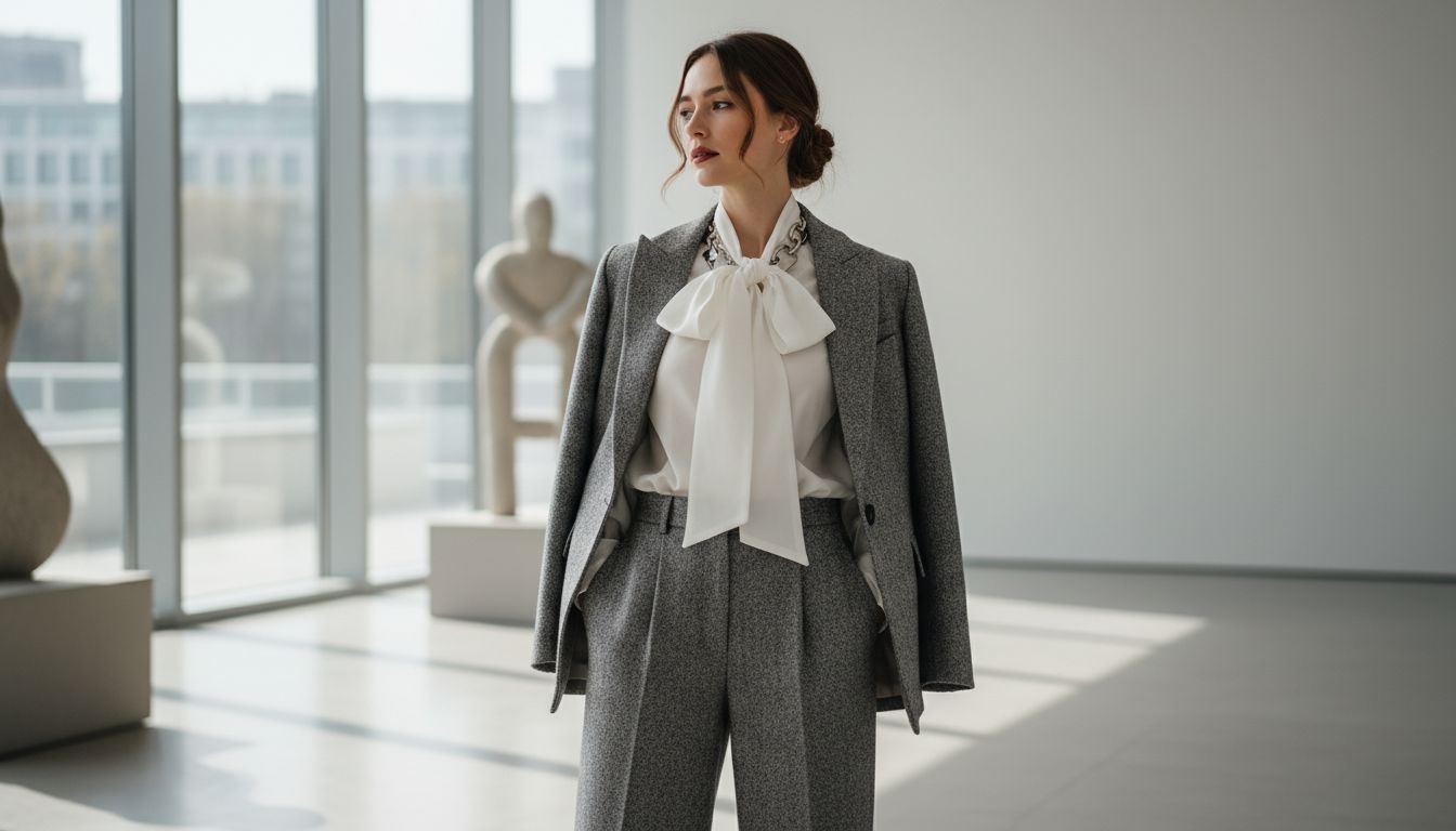 Девушка в брючном костюме из плотного серого твида. Под жакетом видна блузка из белой структурированной органзы с бантом на шее. Образ дополнен массивным металлическим колье.