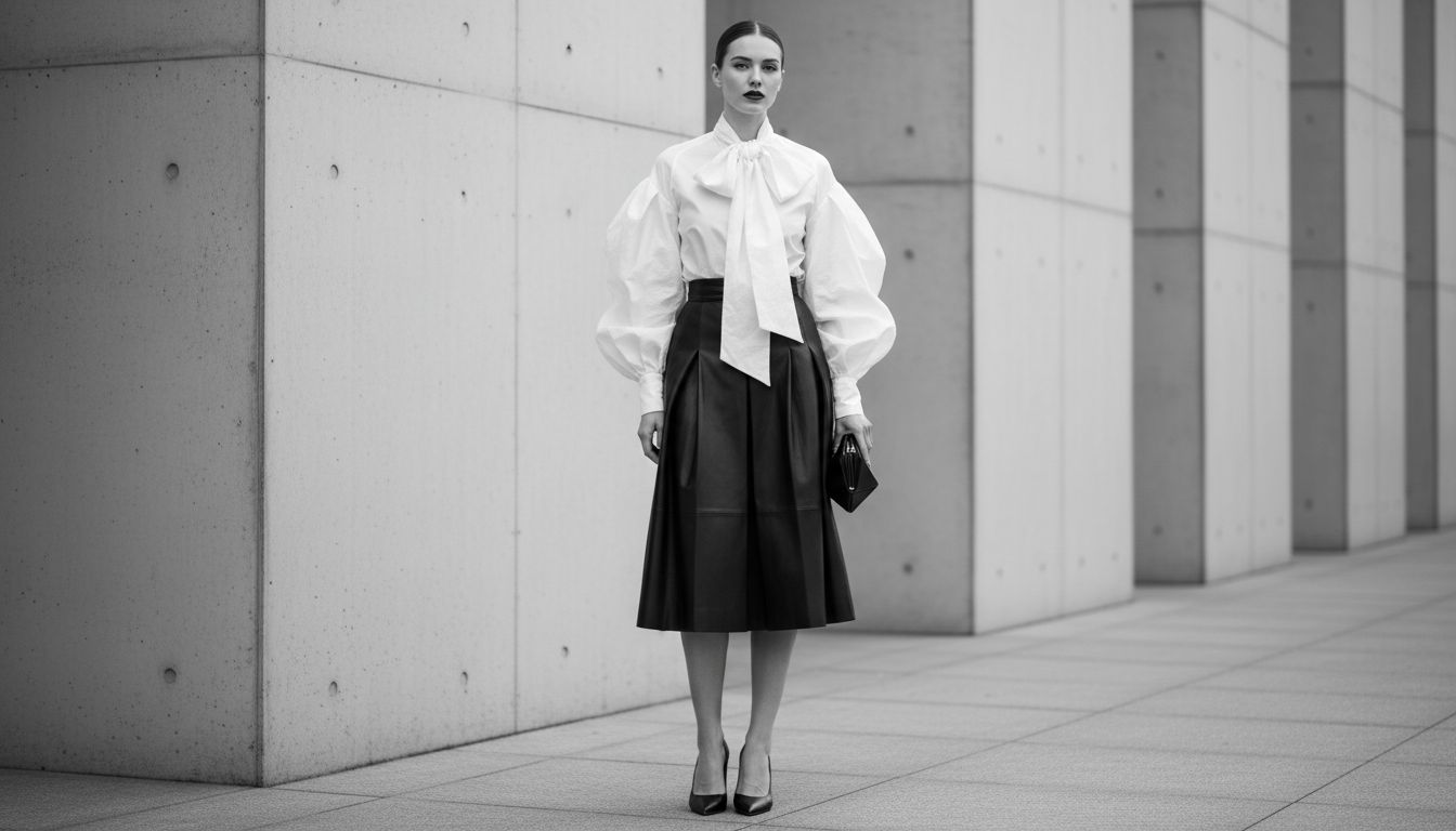 Модель в черной юбке-миди из плотной кожи и белой блузке из структурированной органзы с крупным бантом. Весь образ контрастный и графичный.