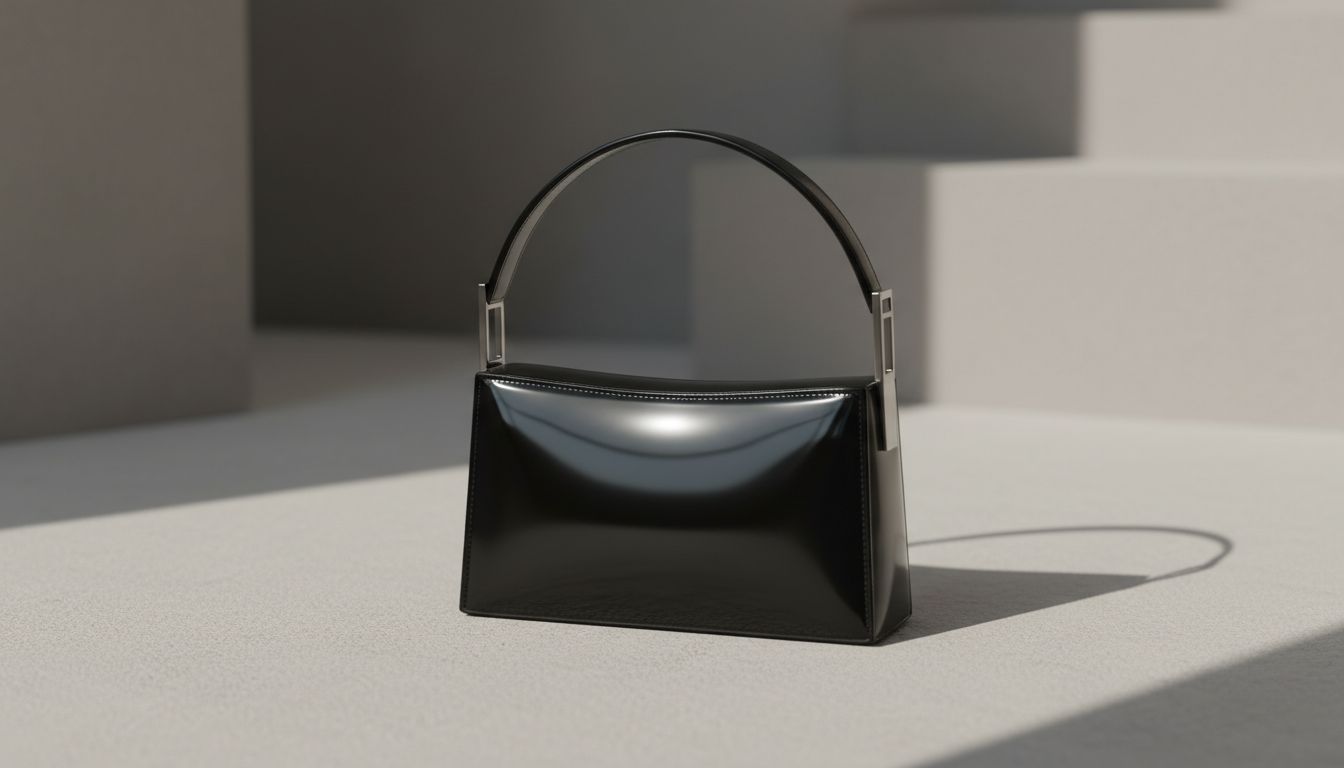 Крупный план жесткой прямоугольной сумки-багета на коротком ремешке, выполненной из глянцевой черной лаковой кожи.