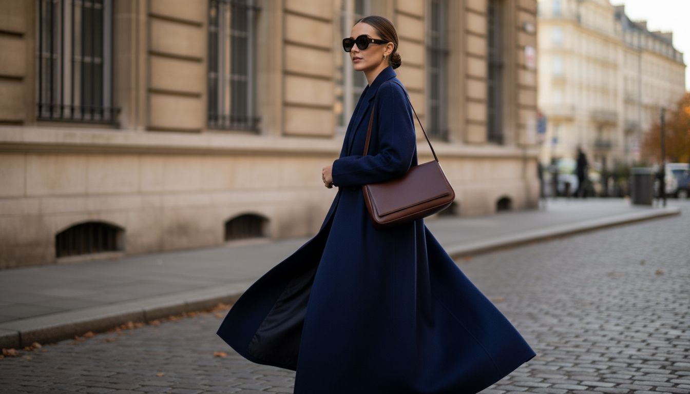 Стилизованный образ: девушка в длинном, струящемся пальто из глубокого синего кашемира и с багетом из кожи оттенка горького шоколада, надетым на плечо.