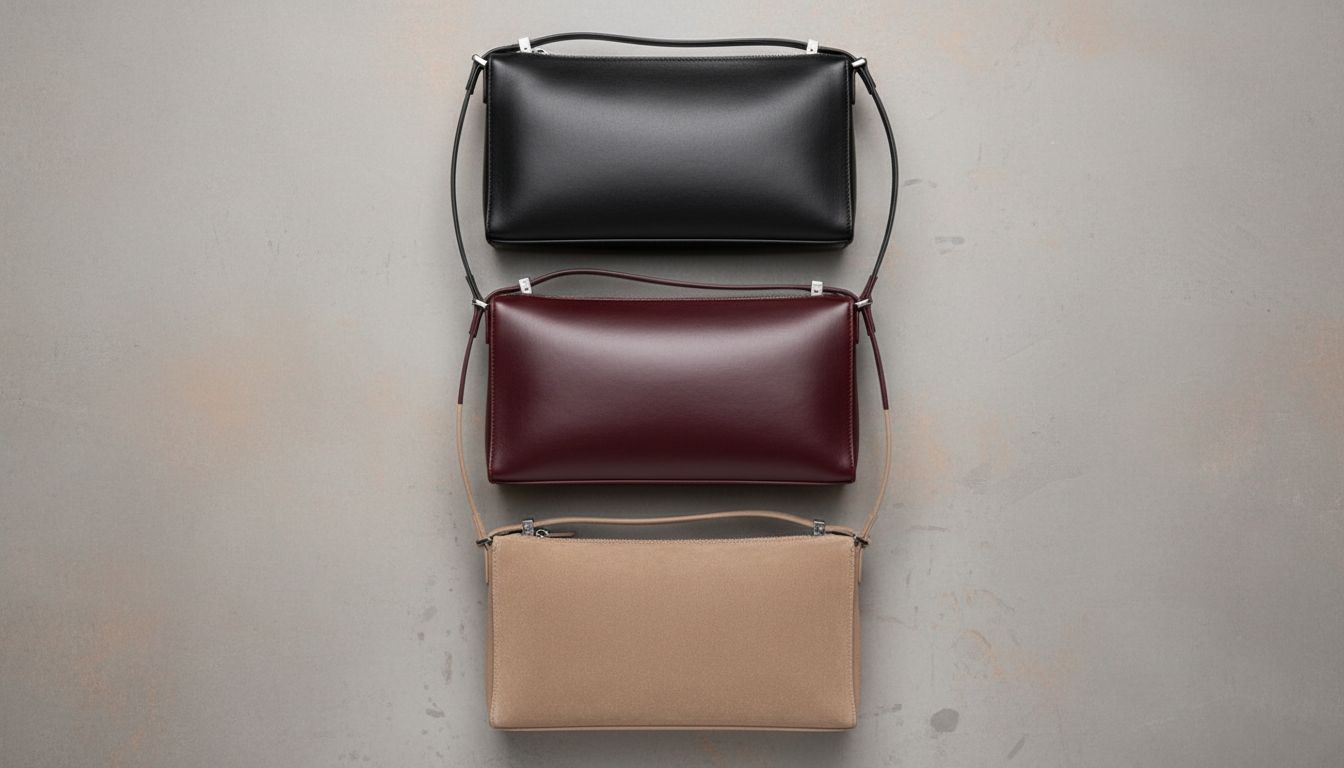 Коллаж из трех багетов: один в матовой черной коже, второй в глубоком винном цвете, третий в бежевой замше. Все модели удлиненные и прямоугольные.