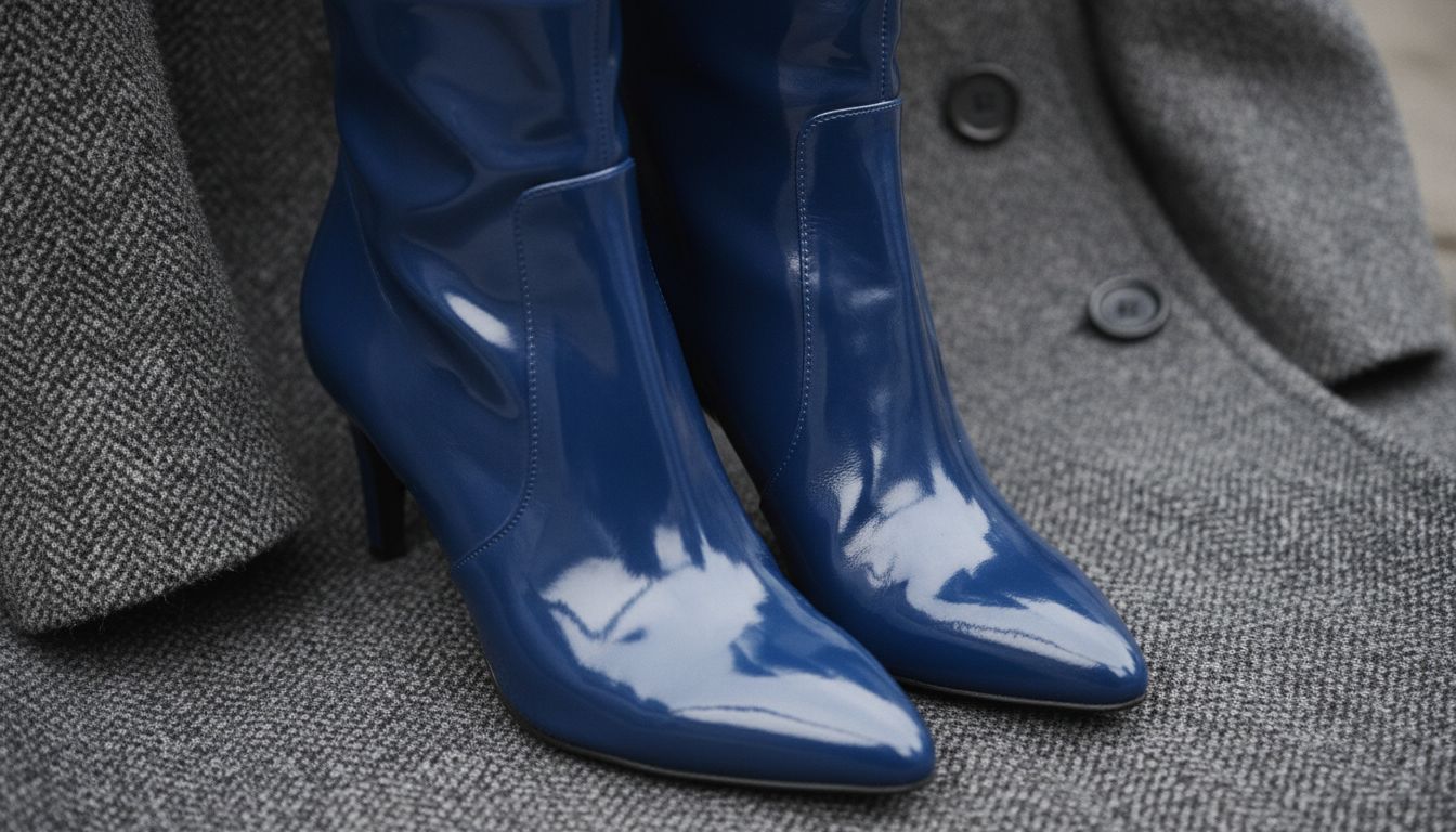 Крупный план лаковых ботильонов ярко-кобальтового цвета на фоне серого шерстяного пальто.