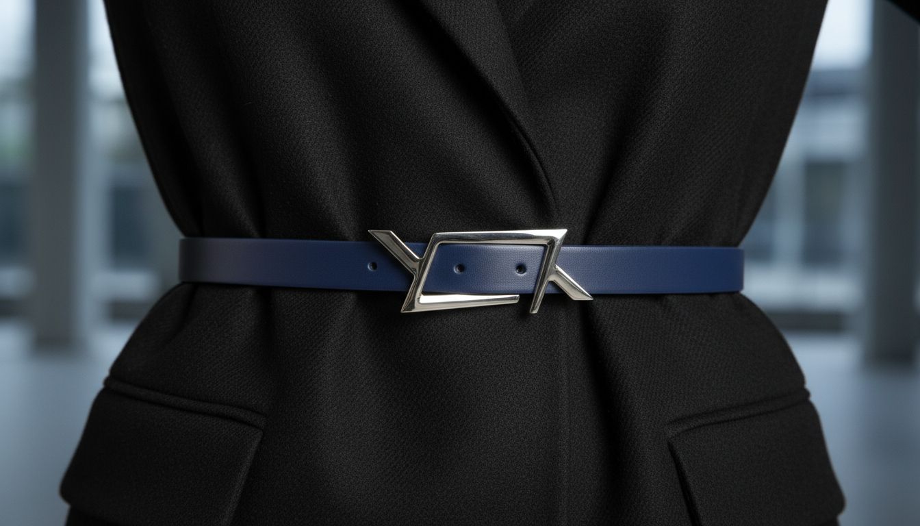 Детали: Тонкий кобальтовый ремень с геометрической серебряной пряжкой, затянутый поверх черного шерстяного блейзера.