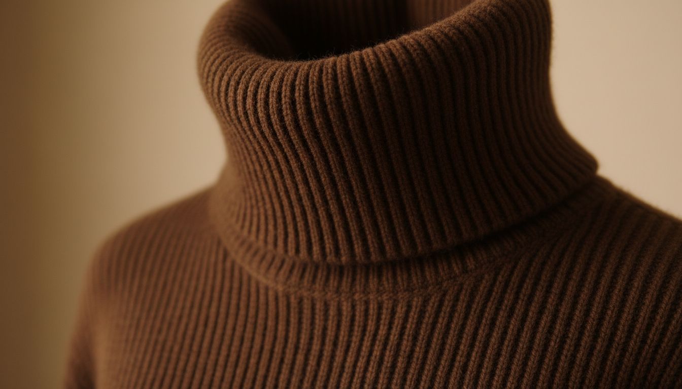 Крупный план воротника-трубы из толстого ребристого кашемира цвета горького шоколада, подчеркивающий его текстуру и объем.