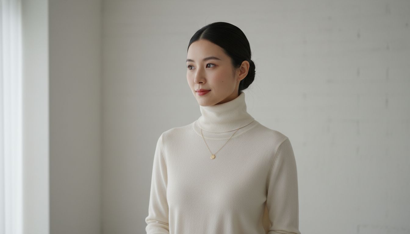 Девушка в белом кашемировом свитере с высоким воротником-трубой. Ее волосы собраны в тугой скульптурный пучок, демонстрирующий чистую линию шеи.