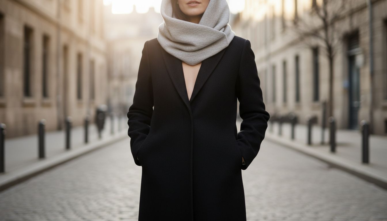 Модель в длинном черном шерстяном пальто с V-образным вырезом, из-под которого эффектно выглядывает объемный светло-серый кашемировый воротник-труба.