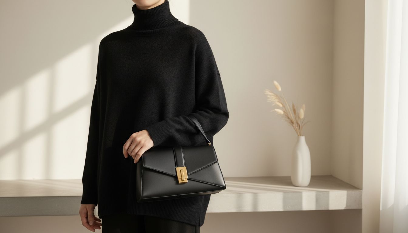 Женщина в черном оверсайз кашемировом свитере с высоким воротником, держащая в руках структурированную геометрическую сумку-багет.