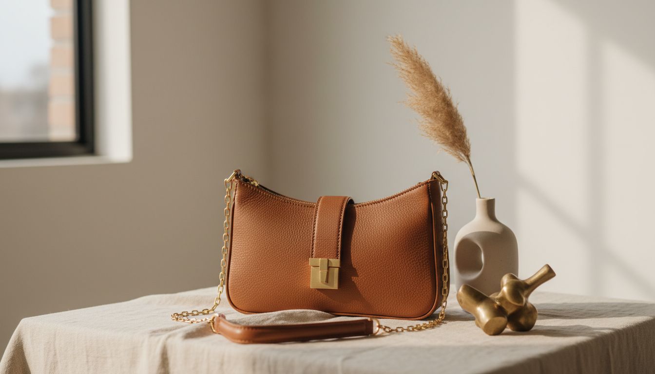 Крупный план сумки-багета из матовой кожи цвета Жженой Корицы с минималистичной золотой фурнитурой.