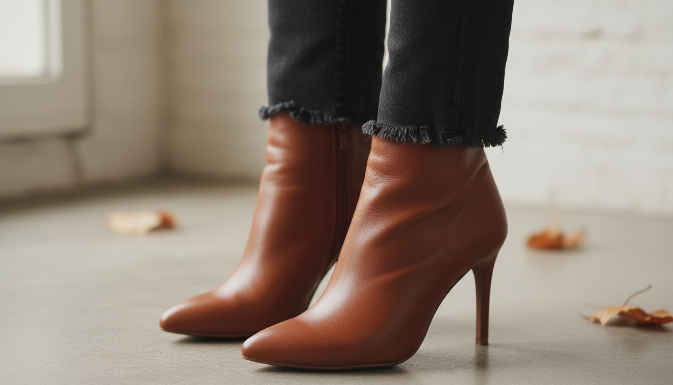 Детализированный снимок ботильонов-стилетов из матовой кожи цвета Жженой Корицы в сочетании с черными джинсами с необработанным краем.