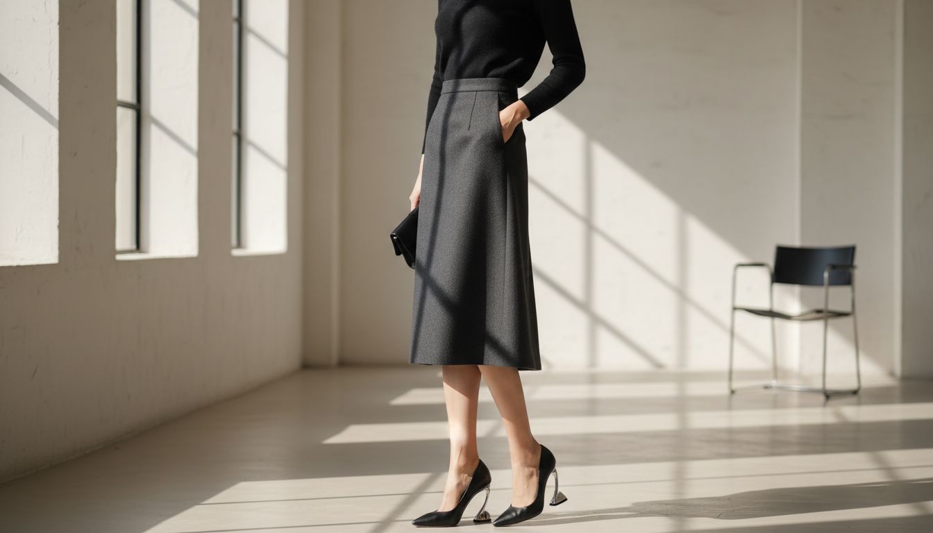 Модель в строгой шерстяной юбке-миди графитового цвета и черных лодочках с контрастным серебряным каблуком-запятой.