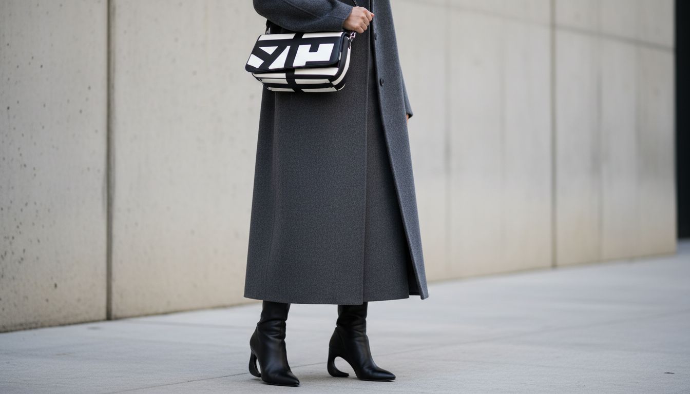 Общий вид стилизованного образа: женщина в длинном пальто, прямая юбка-миди, видны только носки ботильонов с каблуком-запятой и графическая сумка.