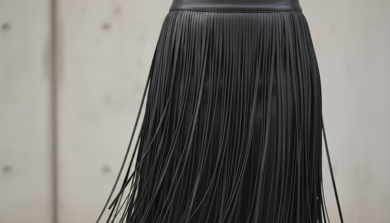 Крупный план юбки-миди с длинной бахромой из плотной черной кожи, демонстрирующий ее четкую вертикальную структуру.