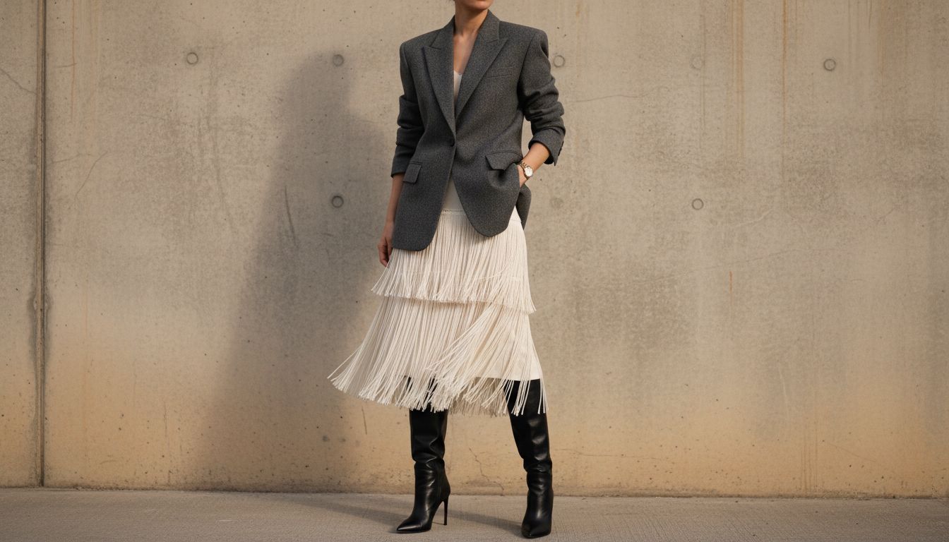 Стилизованный образ: строгий шерстяной блейзер, юбка с длинной бахромой и высокие сапоги-стилеты. Акцент на контрасте текстур.