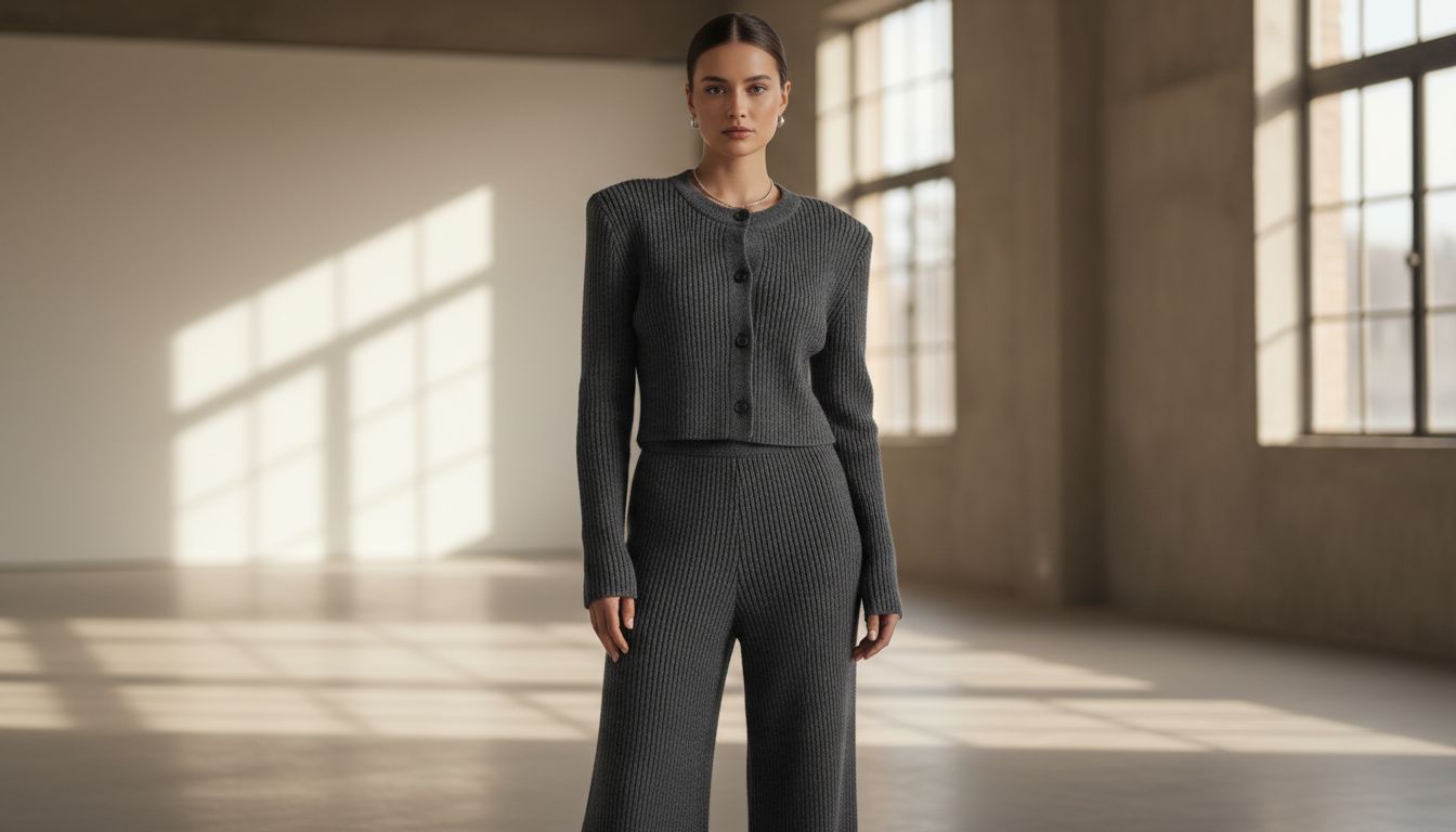 Модель в трикотажном костюме цвета мокрого асфальта: скульптурный укороченный жакет в рубчик и широкие брюки-палаццо из того же материала. Четкая линия плеч.