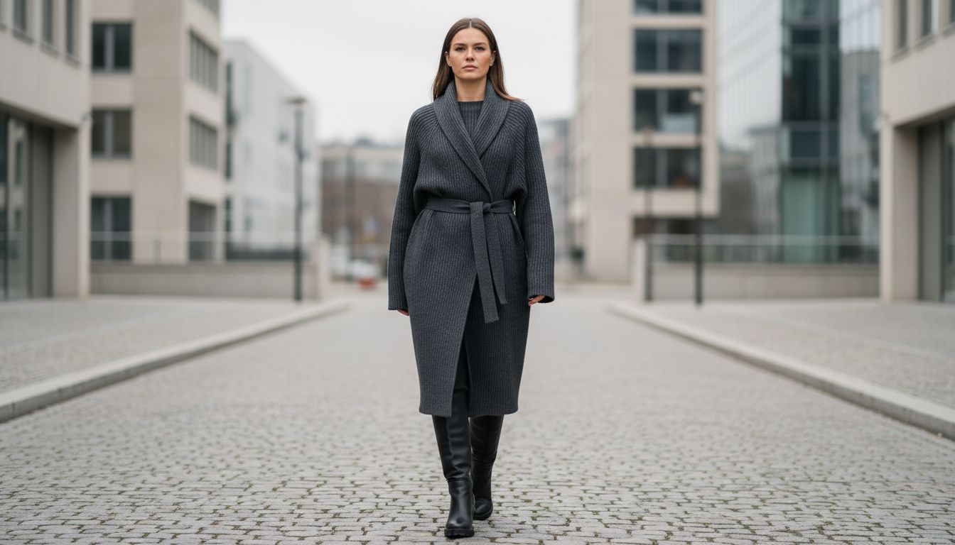 Женщина в длинном трикотажном пальто-коконе в рубчик, с поясом, подчеркивающим талию, и высокими сапогами из матовой кожи. Образ строгий и монументальный.