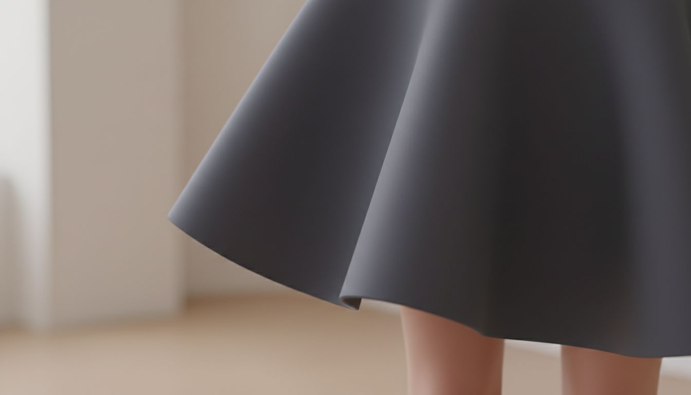 Крупный план на текстуру неопреновой юбки-тюльпан, демонстрирующий гладкую, матовую поверхность и четкий изгиб подола.