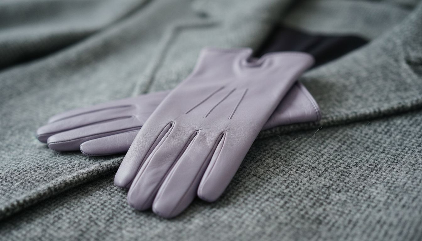 Крупный план перчаток из матовой кожи Ледяной Лаванды, лежащих на пальто из серого меланжа.