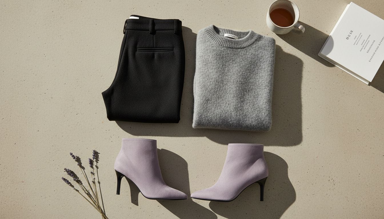 Стилизованная раскладка: черные шерстяные брюки, серый кашемировый свитер и лавандовые ботильоны.