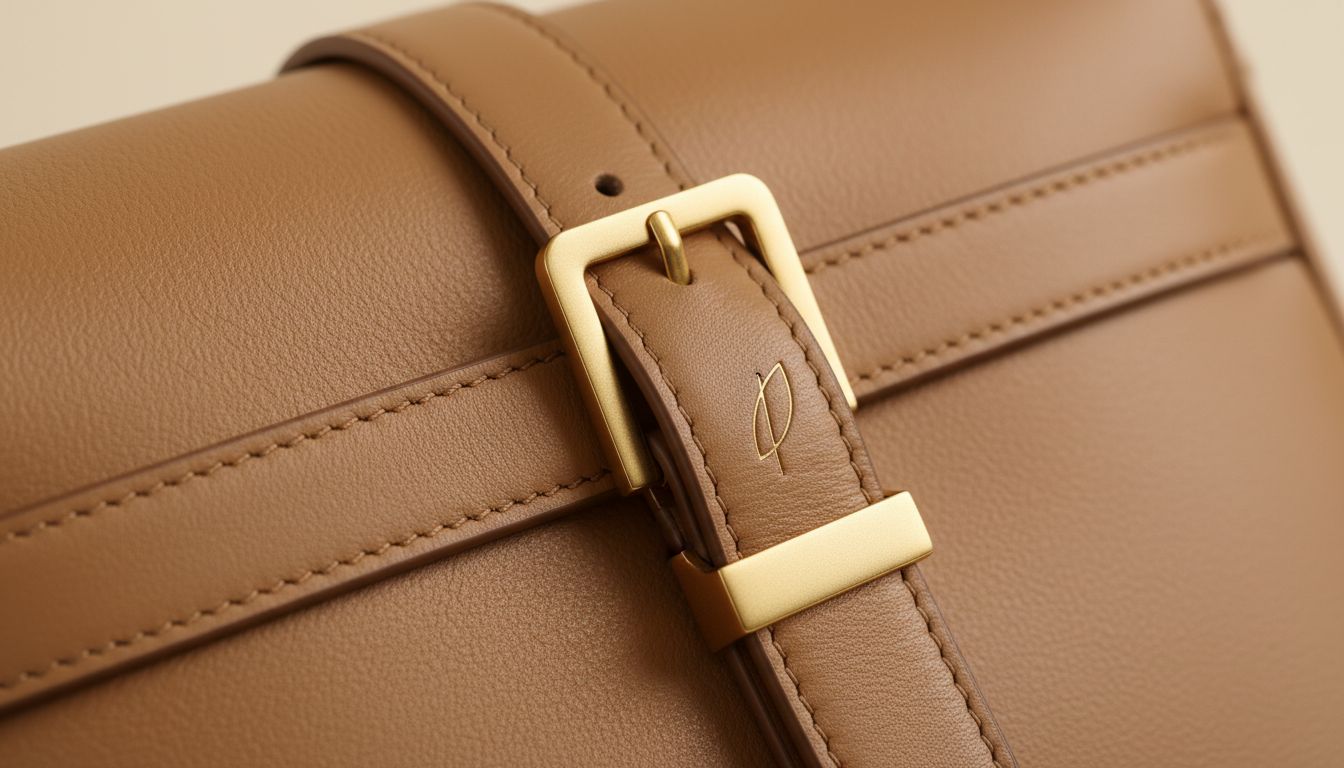 Крупный план матовой золотой фурнитуры на кожаной сумке, где логотип бренда выполнен в виде тонкой гравировки на боковой части пряжки.