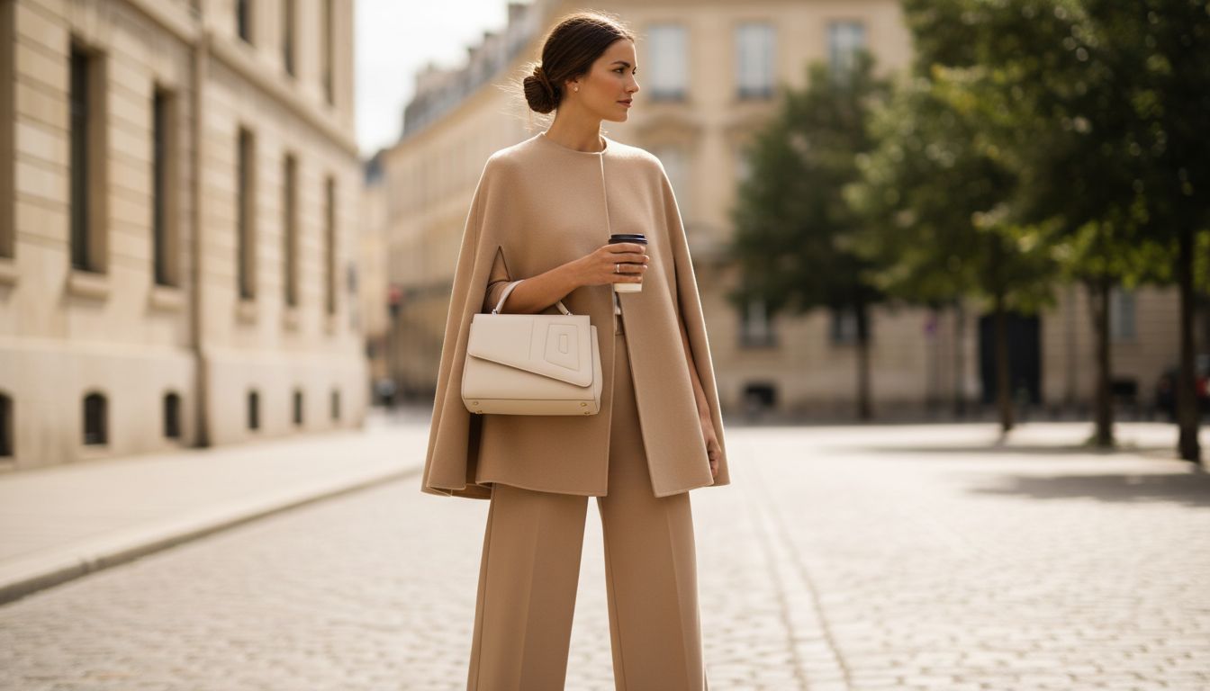 Женщина в бежевом кашемировом кейп-пальто и брюках-палаццо, держащая в руке структурированную сумку из кожи цвета слоновой кости. Логотип на сумке едва виден.