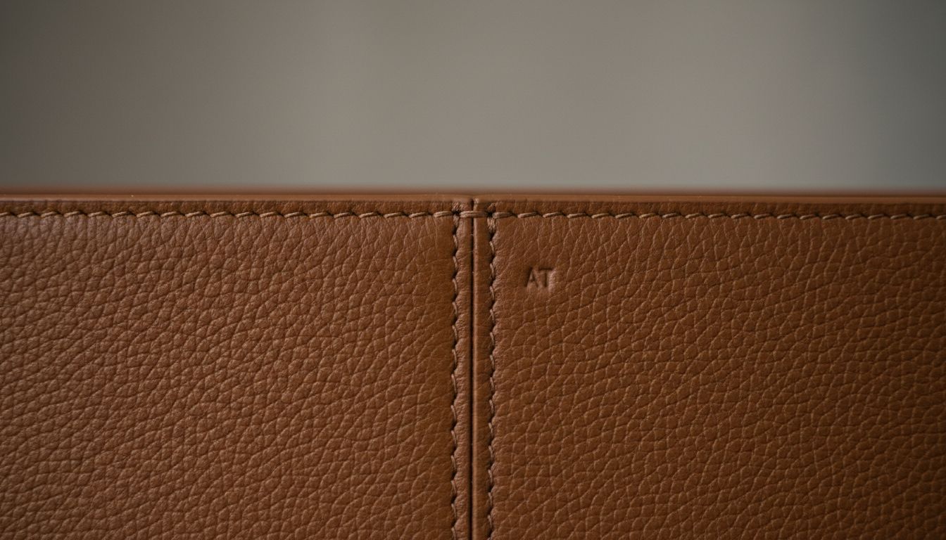 Деталь: Идеально ровный шов на сумке из зернистой кожи, рядом с которым находится крошечный, почти невидимый штамп с инициалами бренда.