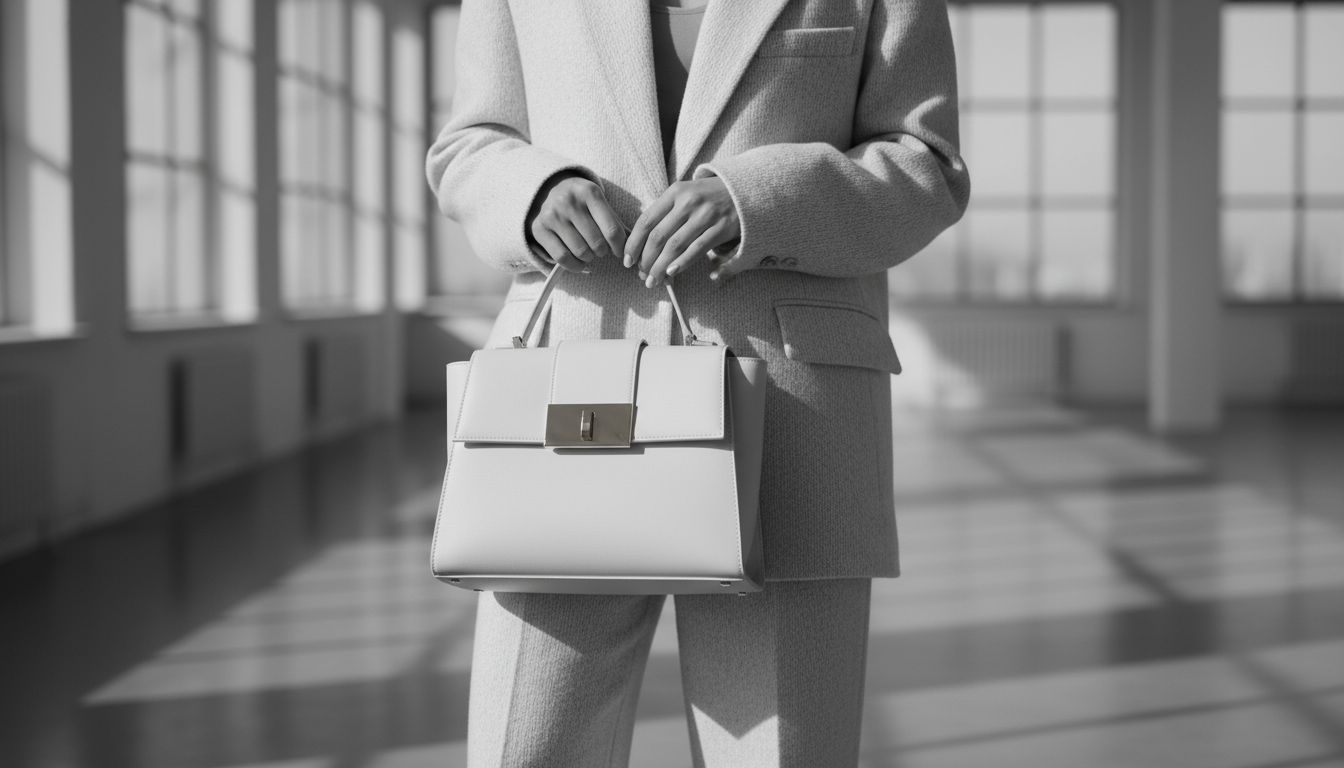 Стилизованный монохромный образ: крупный шерстяной блейзер цвета слоновой кости, брюки и структурированная сумка-тоут с минимальным металлическим акцентом.