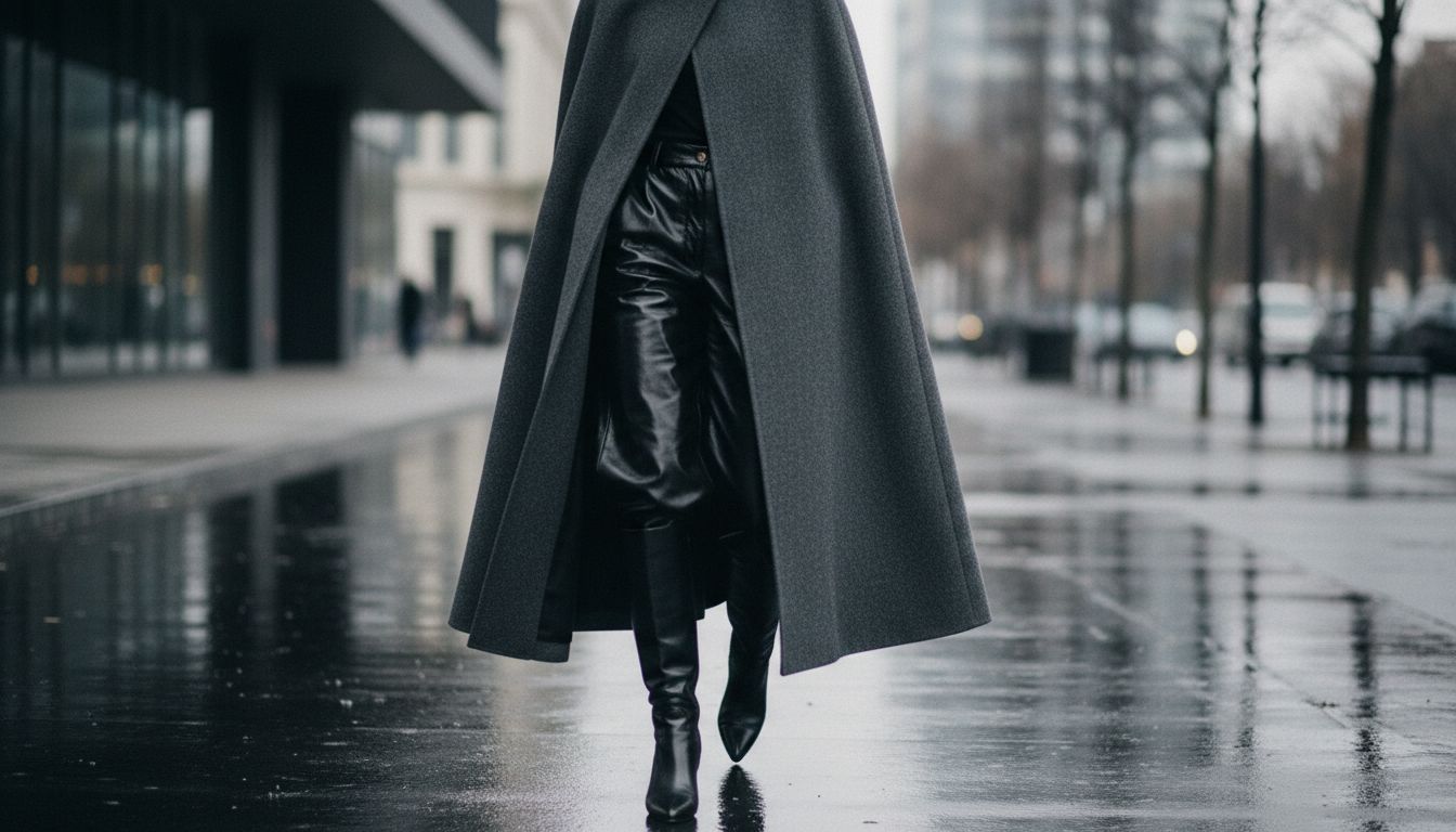 Стилизация: Черные глянцевые палаццо, заправленные в сапоги, и длинное пальто-кейп из серой матовой шерсти.