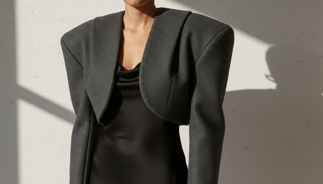 Крупный план гипертрофированных плеч укороченного шерстяного жакета-болеро, демонстрирующий жесткость материала и строгий крой.