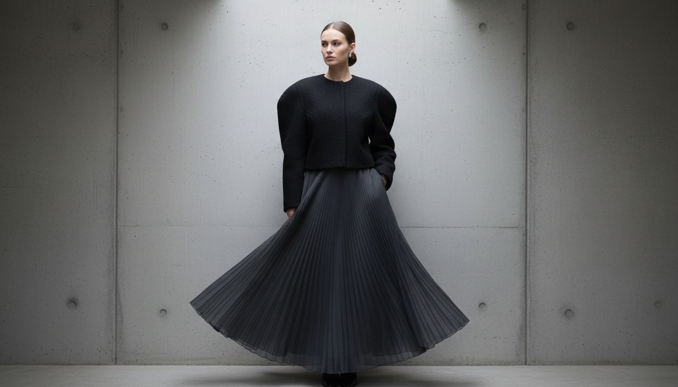 Стилизованный образ: женщина в черном гипертрофированном болеро и плиссированной юбке-макси цвета антрацит. Акцент на контрасте текстур.