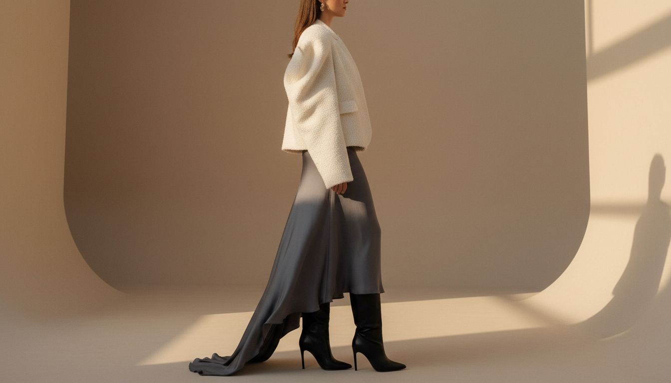 Девушка в гипертрофированном болеро и юбке-макси, демонстрирующая идеальный баланс объемов в профиль. На ней высокие сапоги на каблуке.