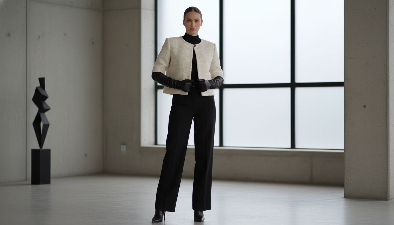 Жакет-болеро из плотного твида с минималистичной застежкой, стилизованный с высокими перчатками и гладкой укладкой.